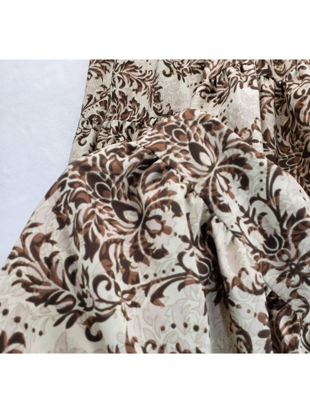 Maxi Boho Tiered Skirt M Shein Beige Brown Damask Print Smocked Elastic Waist - Picture 6 of 12